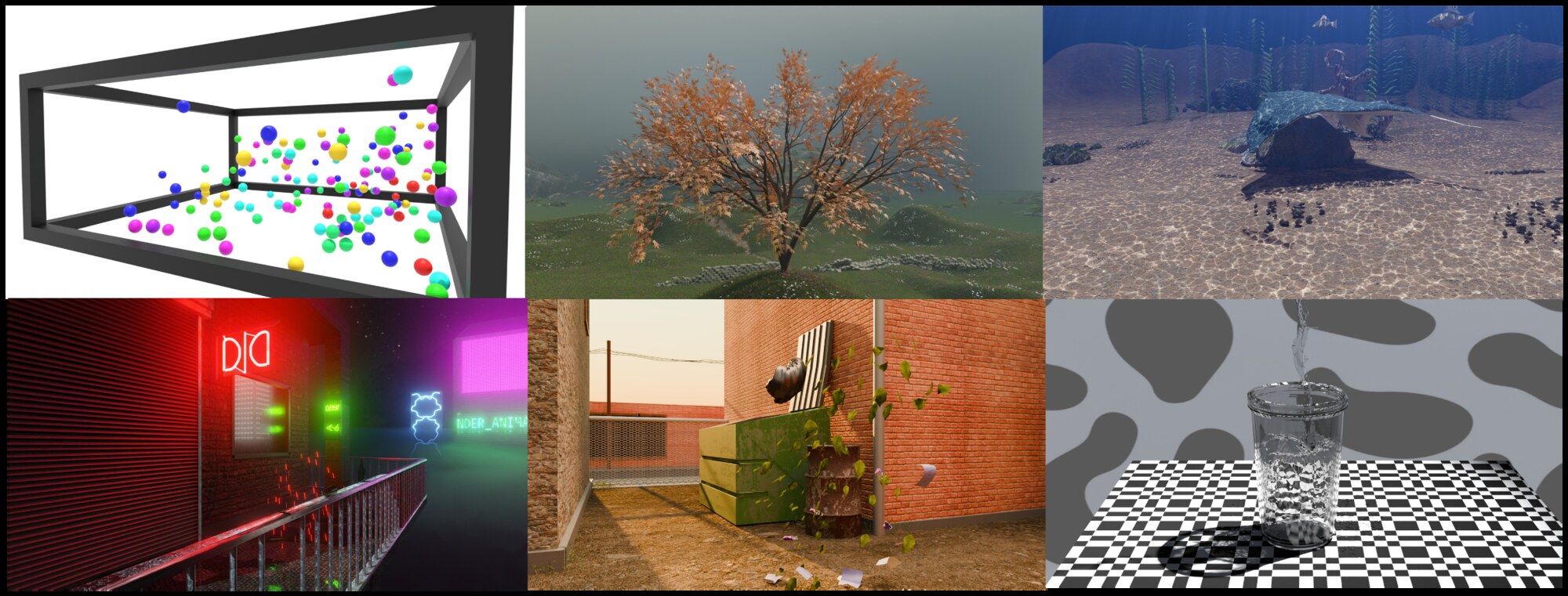 Still frames from six benchmark scenes.