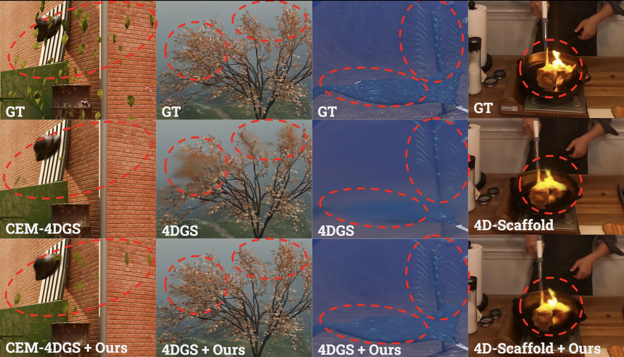 Cropped comparisons on alley, windy tree, underwater, and flame steak.