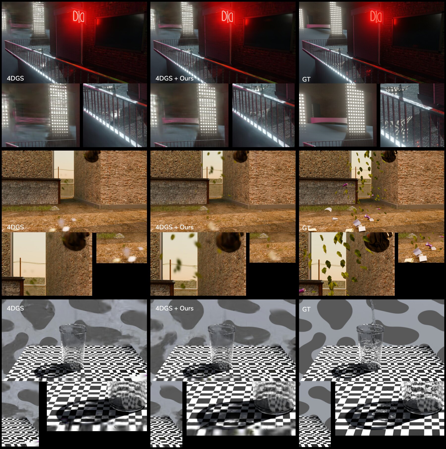 Qualitative comparison for neon city, alley, and cup.